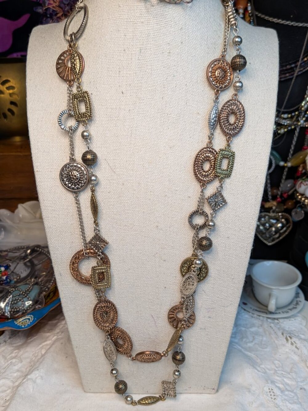 Vintage Tri‑Tone Two‑Tier Necklace – Mixed Geometric Elements, 32"/34" Layers